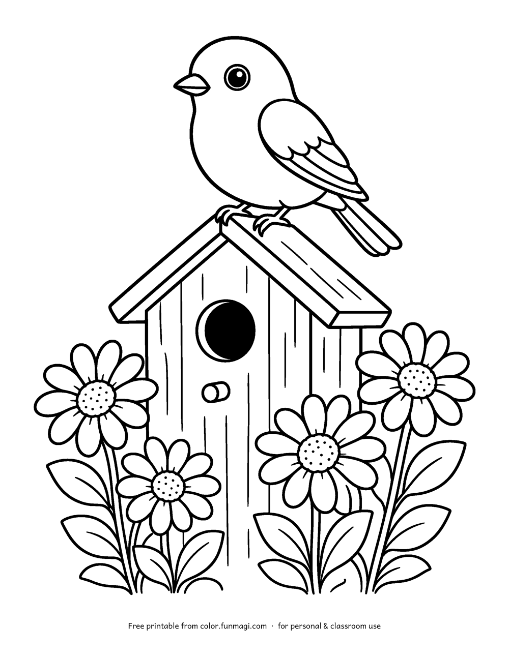 Large print coloring page: a bluebird sitting on top of a wooden birdhouse surrounded by daisies, drawn with thick bold outlines