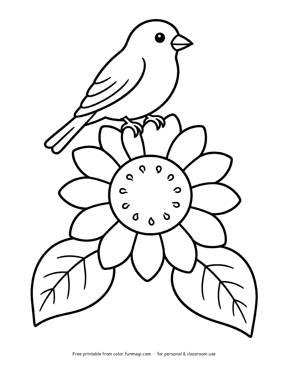 Large print coloring page: a goldfinch perched on a large sunflower head, drawn with thick bold outlines