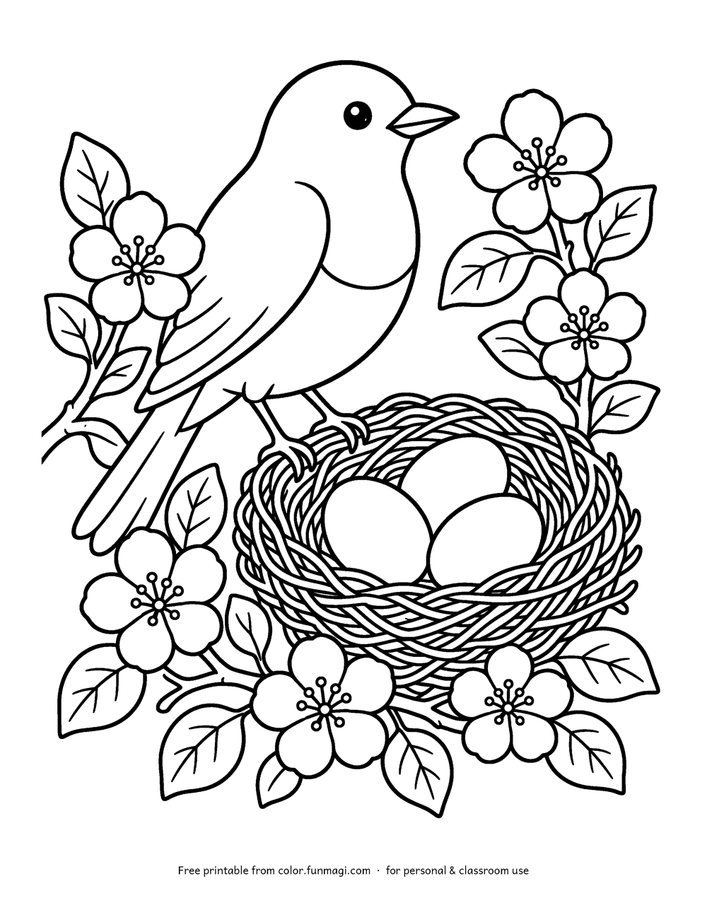 Large print coloring page: a robin beside its nest with three eggs among apple blossoms, drawn with thick bold outlines