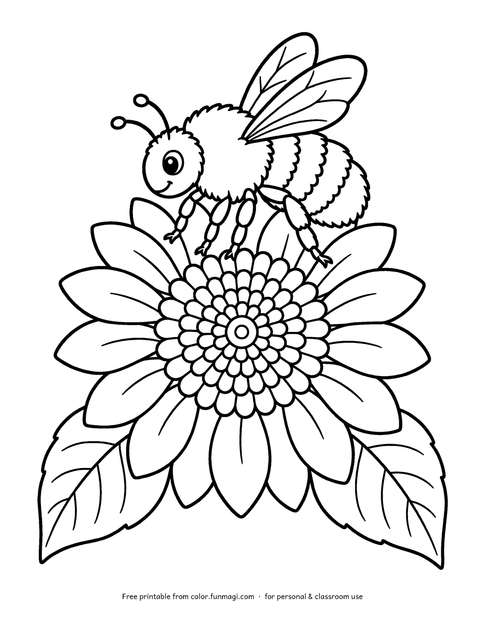 Large print coloring page: a bumblebee landing on a large sunflower head, drawn with thick bold outlines