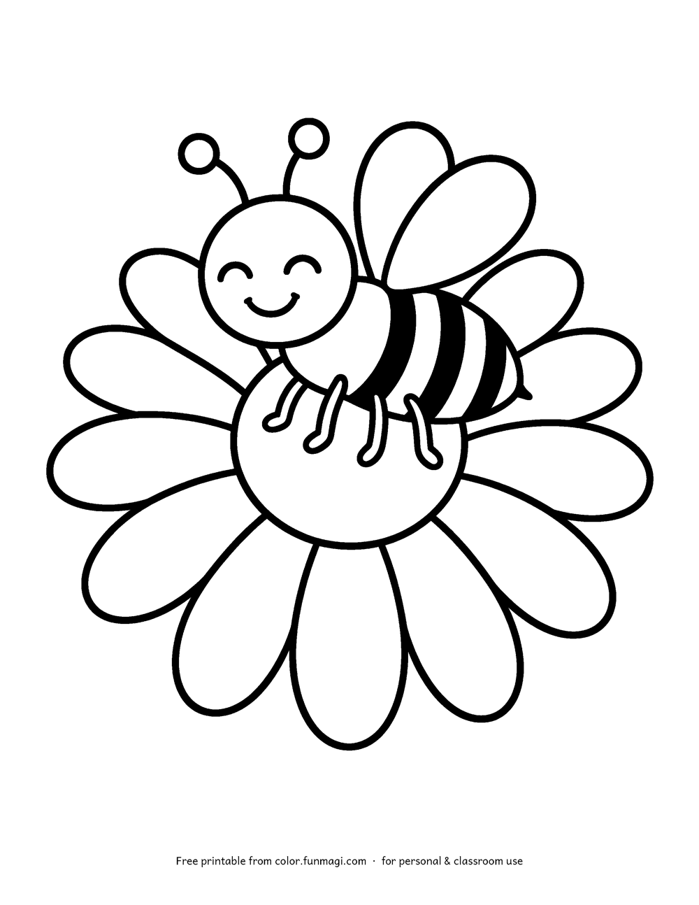 Large print coloring page: a smiling honeybee resting on a big daisy flower, drawn with thick bold outlines