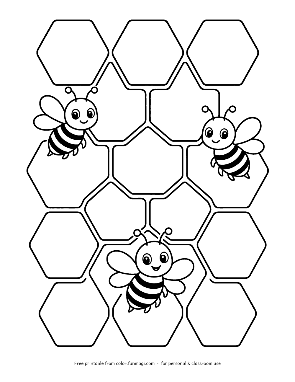 Large print coloring page: a close-up honeycomb pattern of big hexagon cells with three bees on it, drawn with thick bold outlines