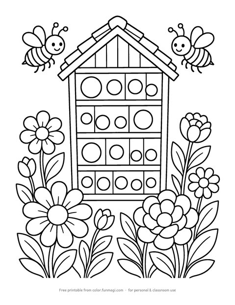 Large print coloring page: a bee house bug hotel made of wood with round holes and flowers around it, drawn with thick bold outlines