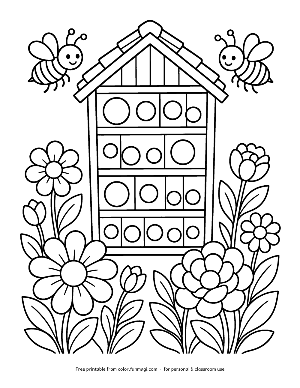 Large print coloring page: a bee house bug hotel made of wood with round holes and flowers around it, drawn with thick bold outlines