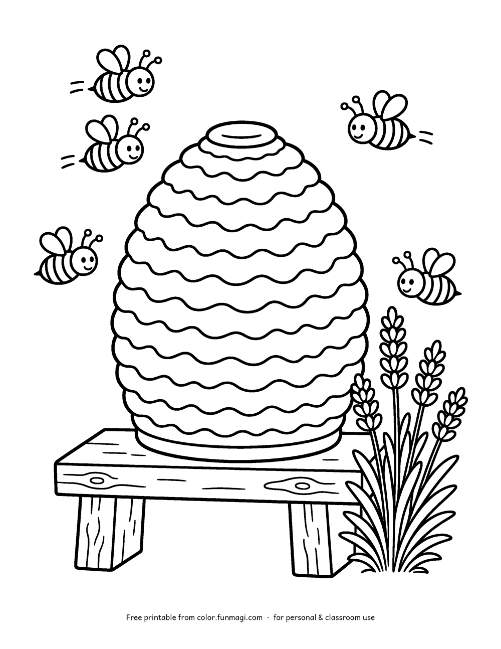 Large print coloring page: a straw skep beehive on a wooden stand with bees flying around it and lavender beside it, drawn with thick bold outlines