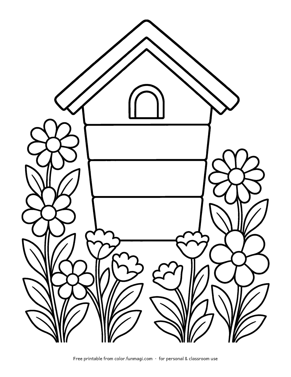Large print coloring page: a classic white wooden beehive box with a peaked roof standing among tall flowers, drawn with thick bold outlines