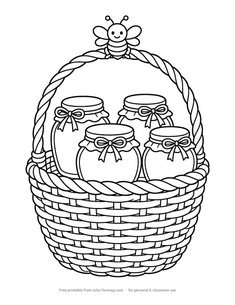 Large print coloring page: a wicker basket full of honey jars with ribbons and a bee, drawn with thick bold outlines