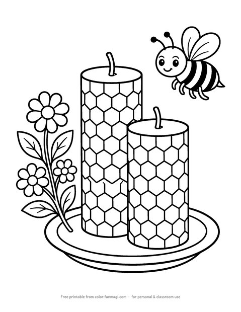 Large print coloring page: a candle made of rolled beeswax with honeycomb pattern and a bee, drawn with thick bold outlines