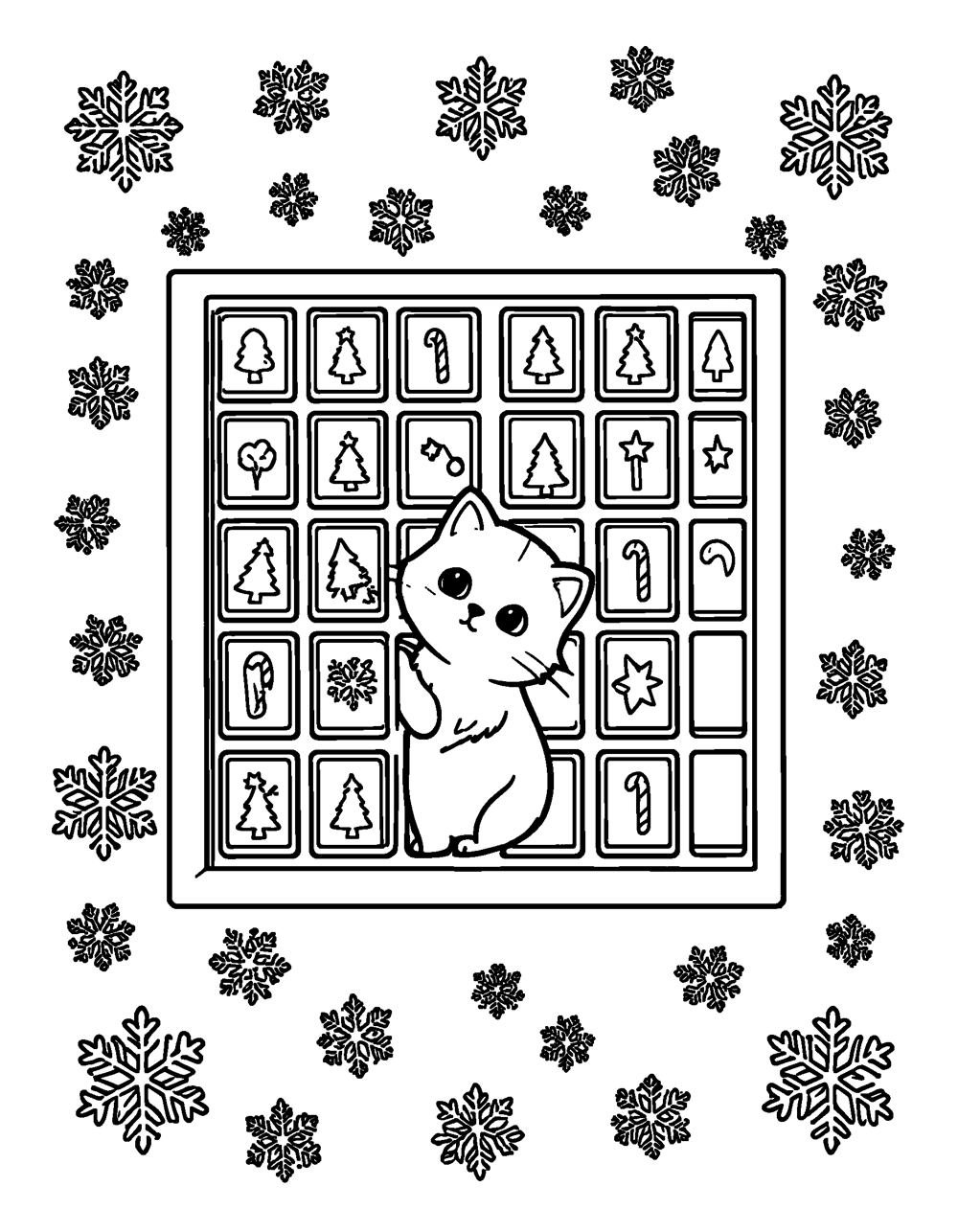 Cat Advent Calendar coloring page – A kitten peeking out of an advent calendar framed by snowflakes – the most detailed page in this set, great for older kids and adults.