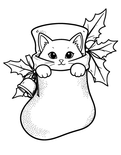 Cat in Christmas Stocking coloring page – A kitten peeking out of a Christmas stocking decorated with holly and a jingle bell.