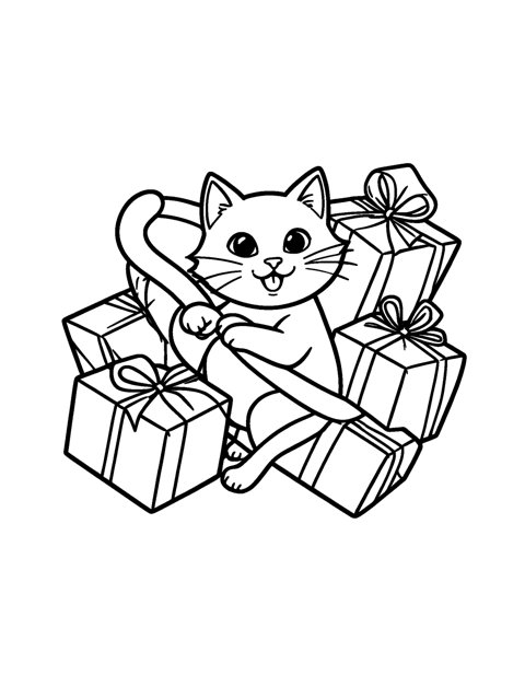 Cat Wrapping Presents coloring page – A cat tangled in ribbon on a pile of wrapped Christmas presents.