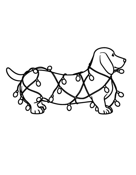Dog Christmas Lights coloring page – A long dachshund wrapped up in a string of Christmas lights.