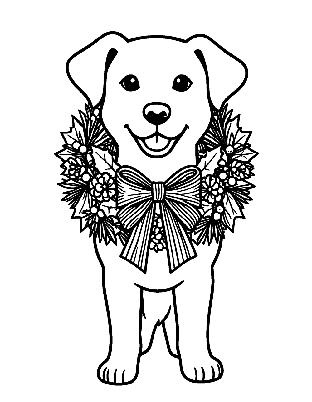 Dog with Christmas Wreath coloring page – A happy dog wearing a big Christmas wreath with a bow around its neck.