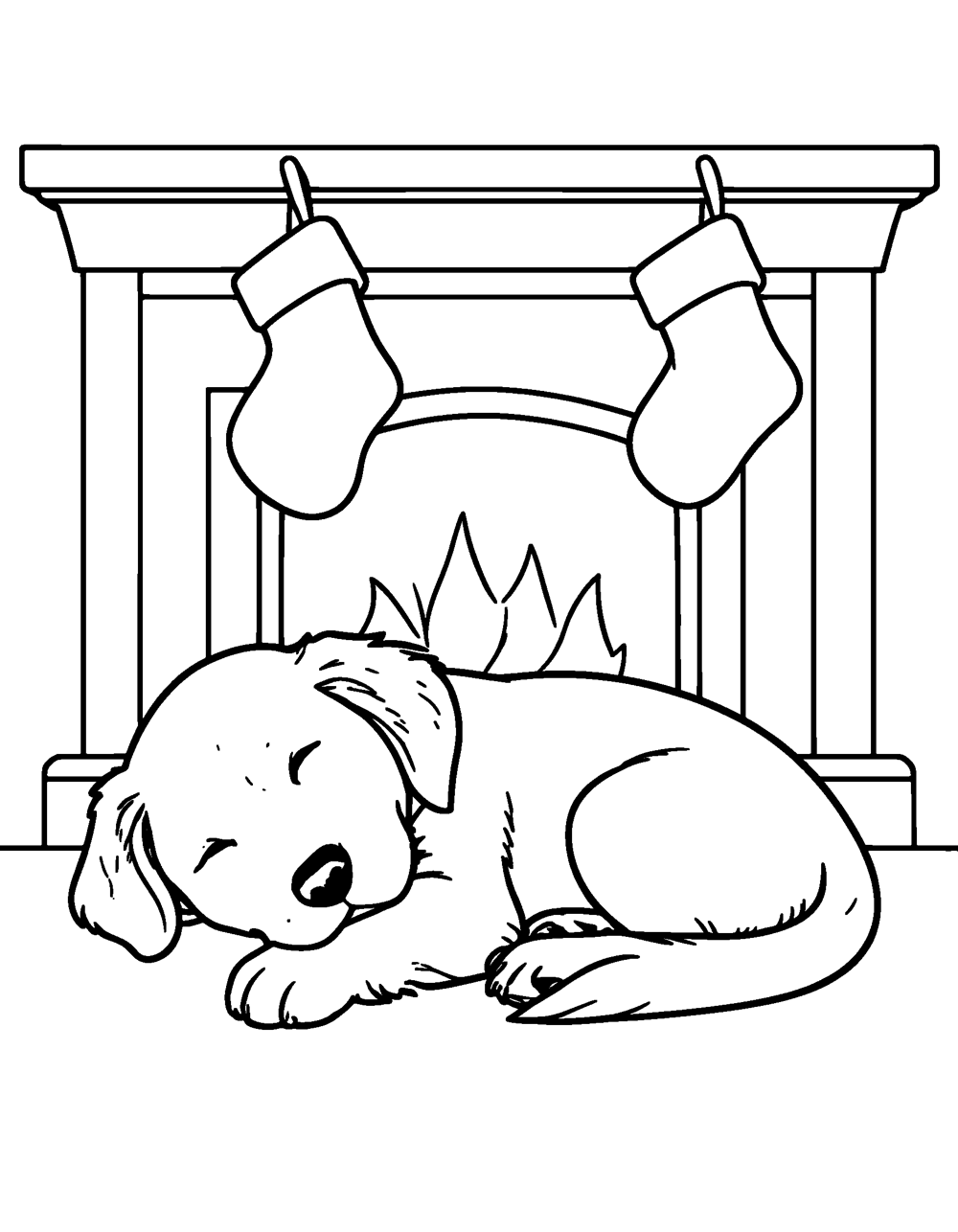 Golden Retriever Puppy Sleeping by Fireplace coloring page – A golden retriever puppy fast asleep in front of a crackling fireplace, with two Christmas stockings hanging from the mantel.