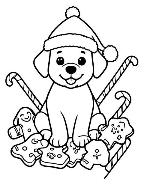 Puppy with Gingerbread coloring page – A puppy in a Santa hat surrounded by gingerbread cookies and candy canes.