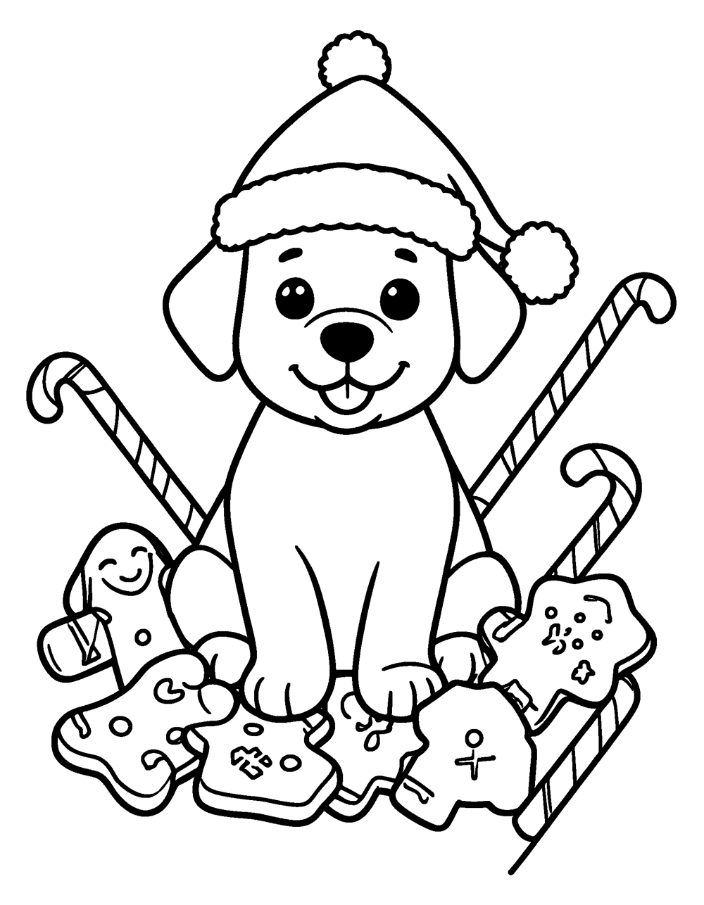 Puppy with Gingerbread coloring page – A puppy in a Santa hat surrounded by gingerbread cookies and candy canes.