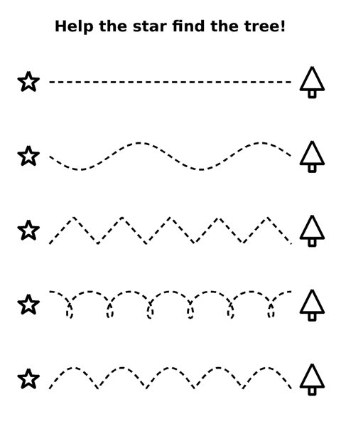Christmas Tracing Lines coloring page – Five dashed paths – straight, wavy, zigzag, loopy and bumpy – lead each star to its Christmas tree. Fine-motor and pre-writing practice for preschool.