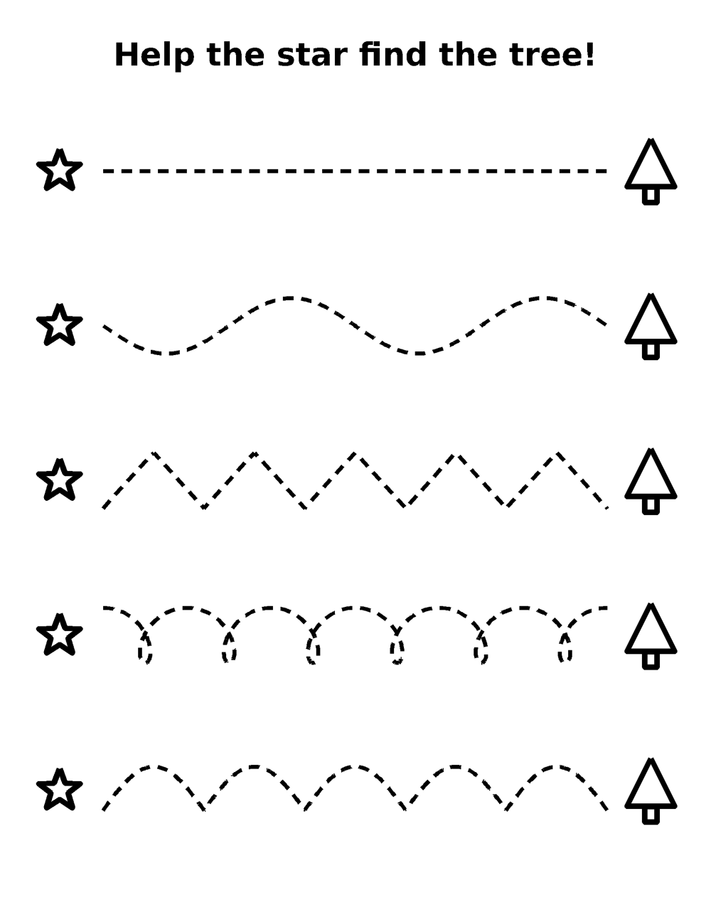 Christmas Tracing Lines coloring page – Five dashed paths – straight, wavy, zigzag, loopy and bumpy – lead each star to its Christmas tree. Fine-motor and pre-writing practice for preschool.