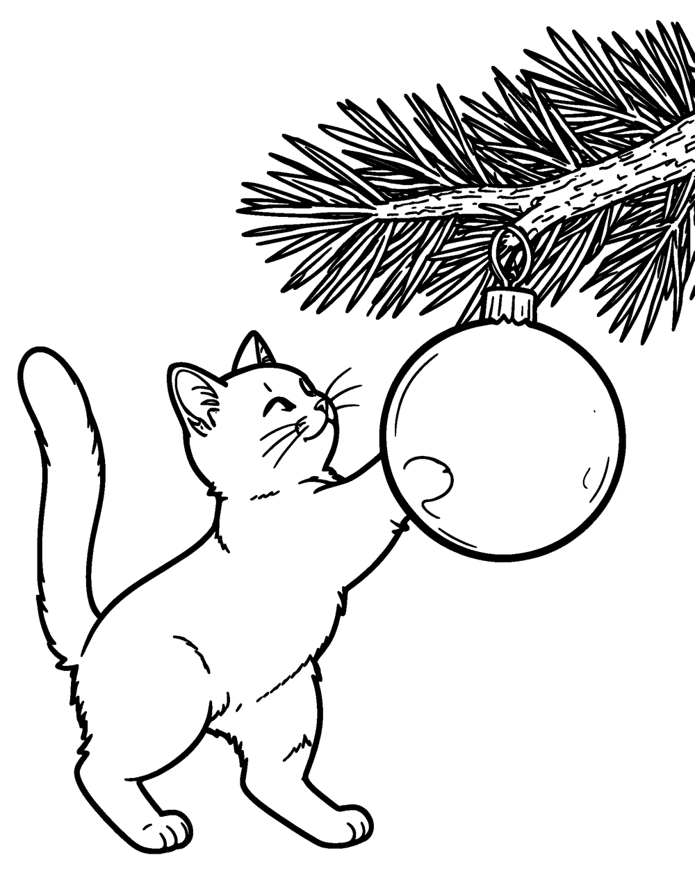 Cat Ornament coloring page – A playful cat batting at a big round ornament hanging from a pine branch.