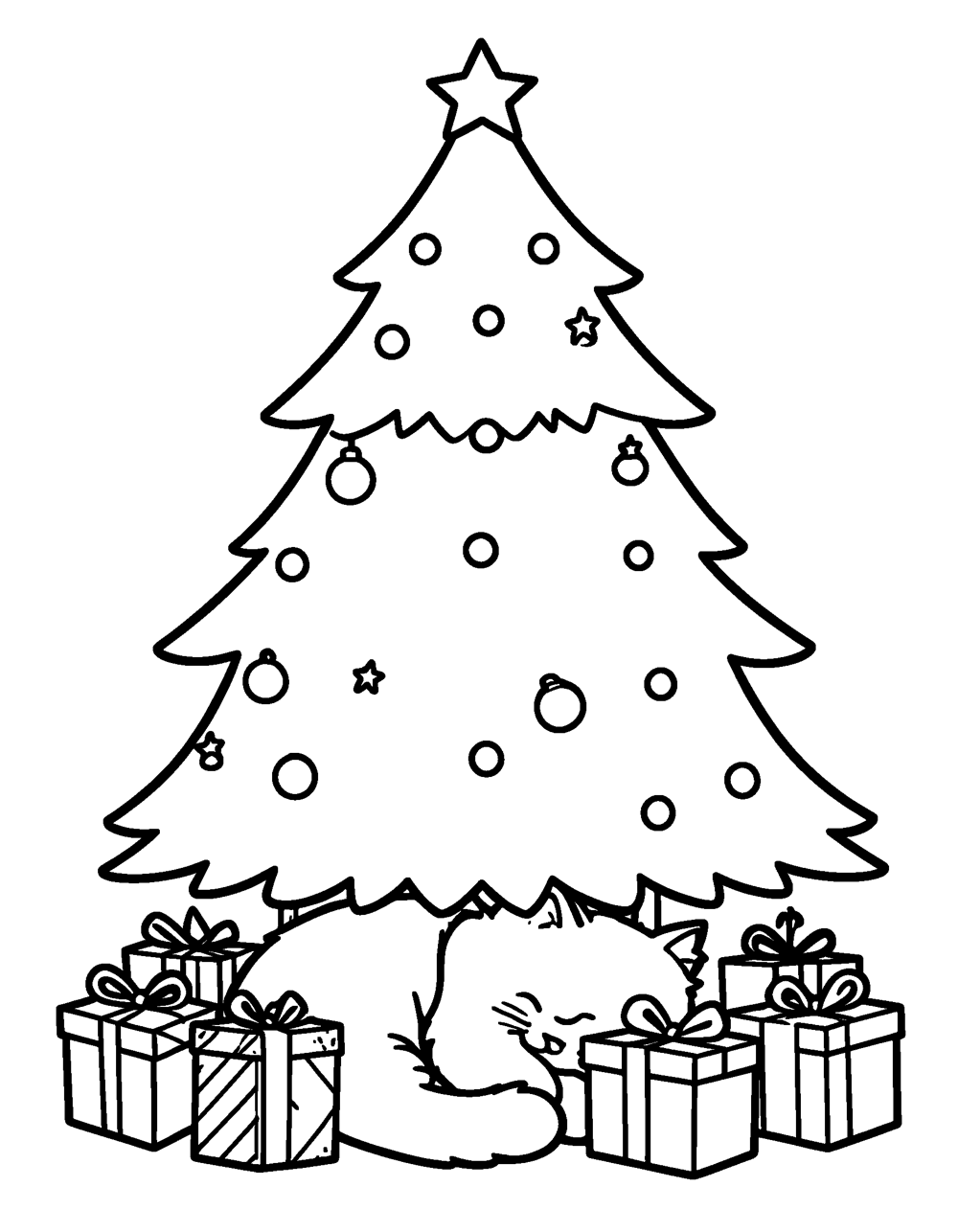 Cat Under Christmas Tree coloring page – A tall decorated Christmas tree with a cat curled up among the presents underneath.