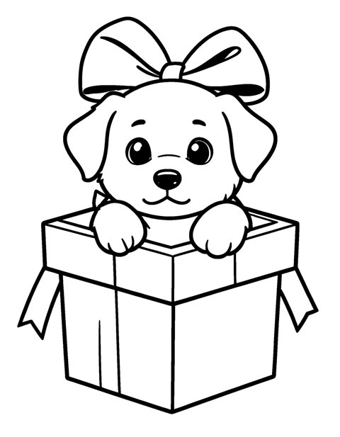 Puppy in Gift Box coloring page – A puppy with a big bow on its head popping out of a gift box.