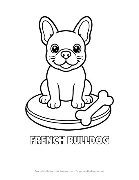 Large print dog breed coloring page: a French Bulldog with big bat ears sitting on a round cushion next to a bone toy, with the breed name "French Bulldog" in hollow letters to color, thick bold outlines