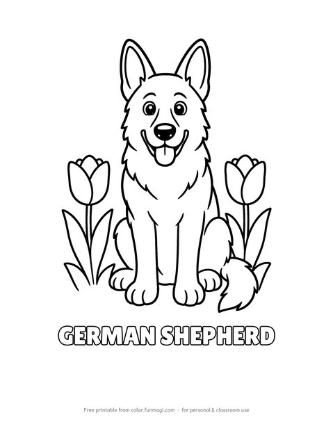 Large print dog breed coloring page: a German Shepherd sitting between tulips, with the breed name "German Shepherd" in hollow letters to color, thick bold outlines