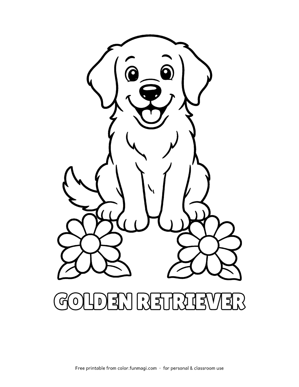 Large print dog breed coloring page: a sitting Golden Retriever with two big daisies at its feet, with the breed name "Golden Retriever" in hollow letters to color, thick bold outlines