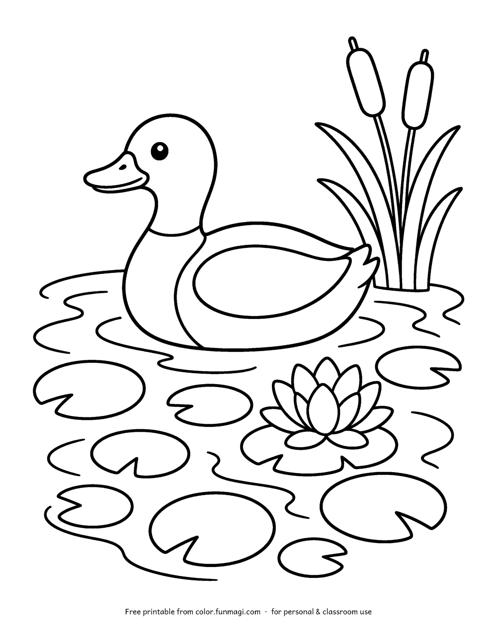 Large print coloring page: a mallard duck floating on a pond with cattails and lily pads, drawn with thick bold outlines