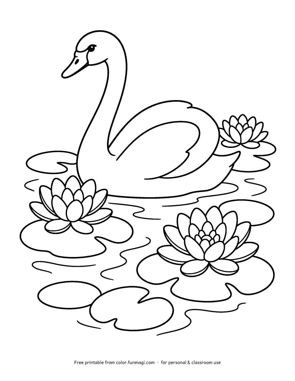 Large print coloring page: a graceful swan gliding among water lilies, drawn with thick bold outlines