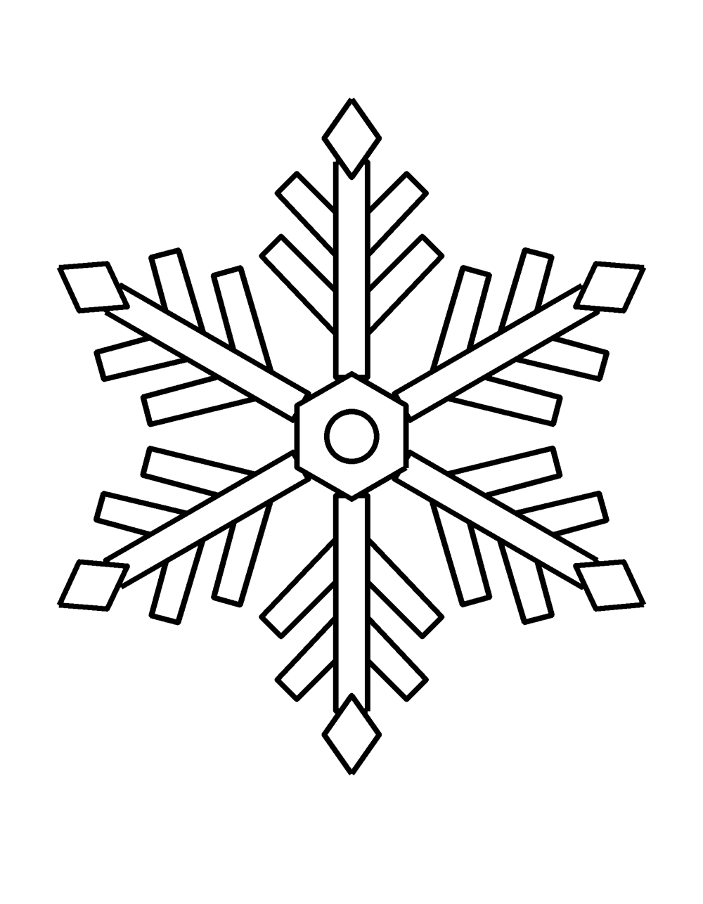 Big Snowflake coloring page – A big six-pointed snowflake with wide, simple shapes – an easy winter coloring page for toddlers and preschoolers.