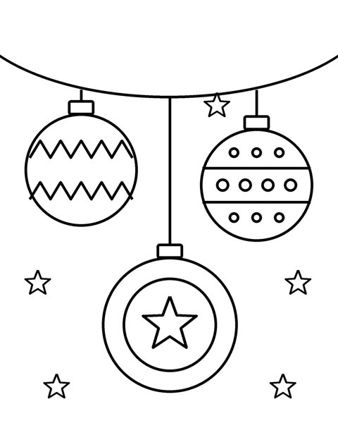 Christmas Ornaments coloring page – Three big Christmas ornaments – zigzag, polka-dot and star baubles – hanging from a garland with little stars around them.