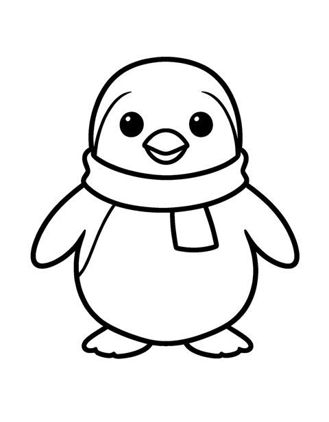 Easy Penguin Pet coloring page – A round, easy penguin in a scarf with big simple shapes for little hands.