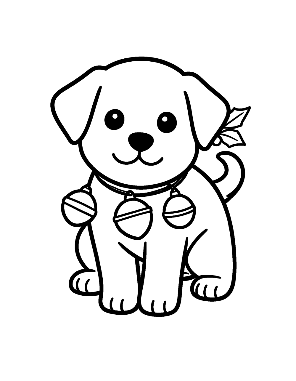 Easy Puppy with Jingle Bells coloring page – An easy puppy with three jingle bells on its collar and a sprig of holly – extra-thick lines and big shapes for toddlers and preschool.
