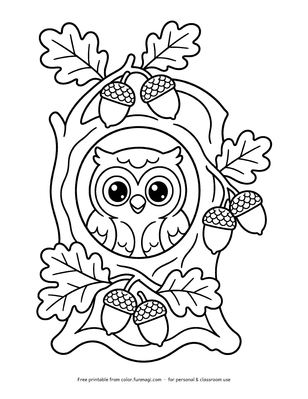 Large print coloring page: an owl peeking out of a hollow in a tree with leaves and acorns, drawn with thick bold outlines