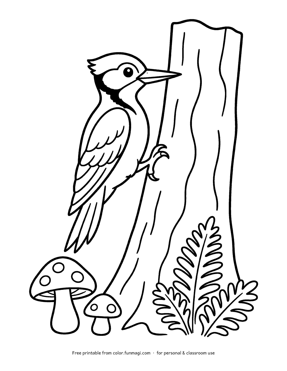 Large print coloring page: a woodpecker on a tree trunk with mushrooms at the base, drawn with thick bold outlines
