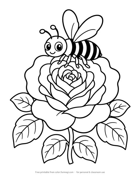 Large print coloring page: a bee on a big rose bloom with leaves, drawn with thick bold outlines