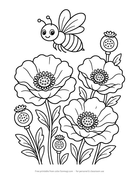 Large print coloring page: a bee flying over a field of poppies, drawn with thick bold outlines