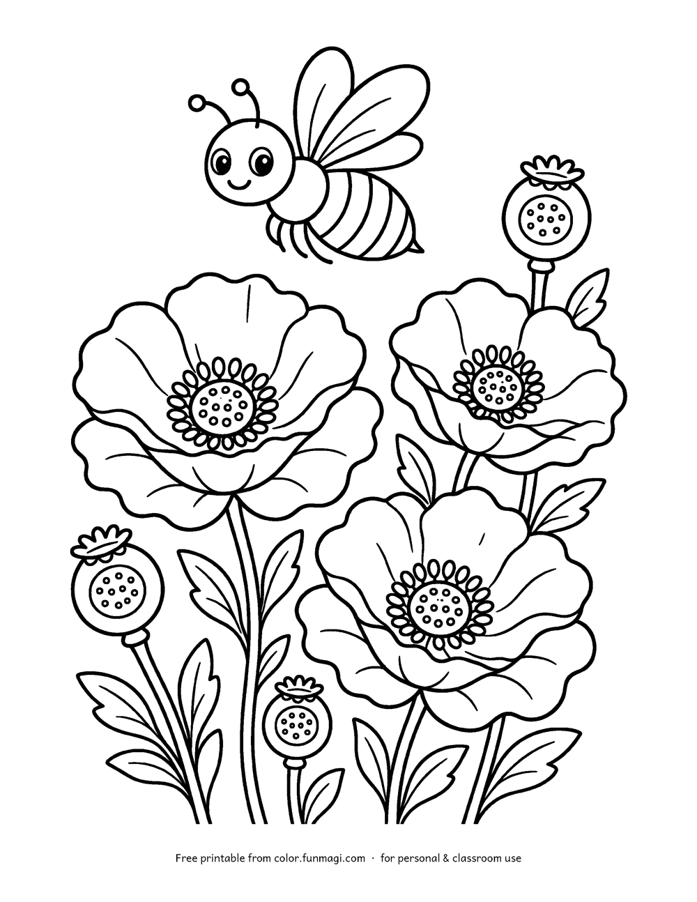 Large print coloring page: a bee flying over a field of poppies, drawn with thick bold outlines