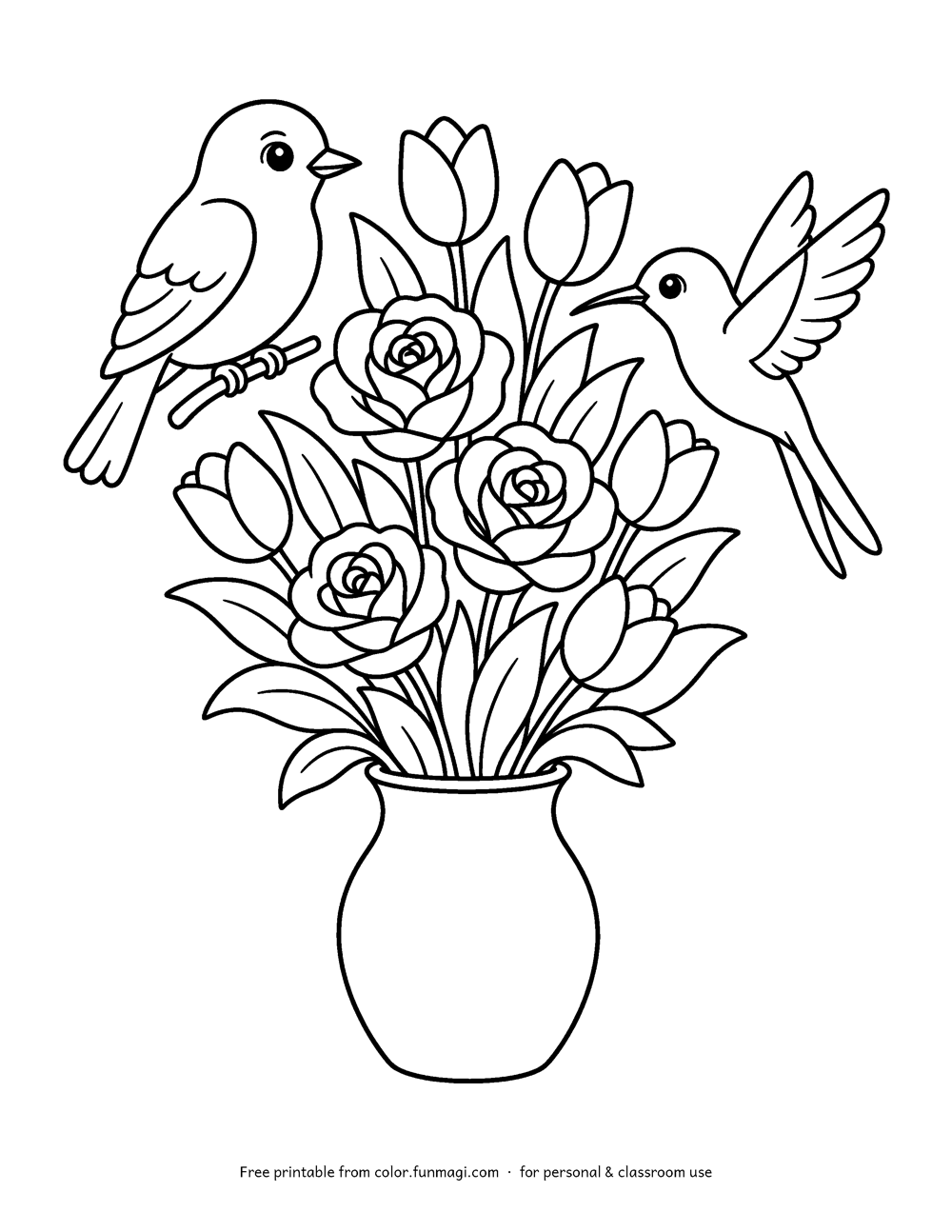Large print coloring page: a bluebird and a hummingbird among a big bouquet of roses and tulips, drawn with thick bold outlines