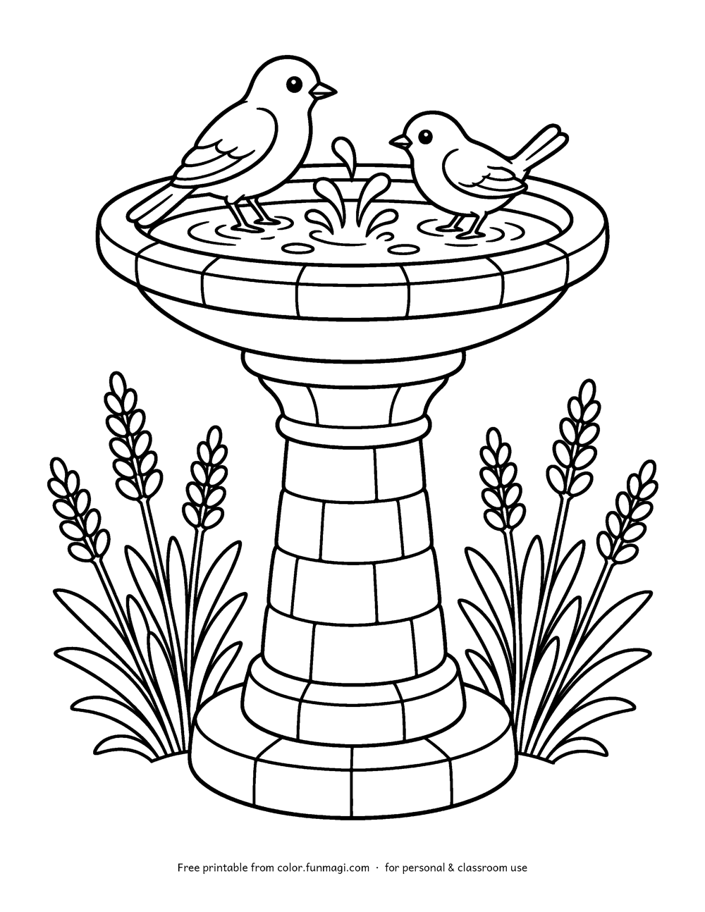 Large print coloring page: a stone bird bath with two small birds and lavender stems, drawn with thick bold outlines