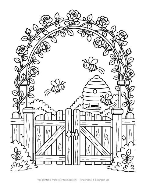Large print coloring page: a cottage garden gate with a beehive behind it and climbing roses, drawn with thick bold outlines
