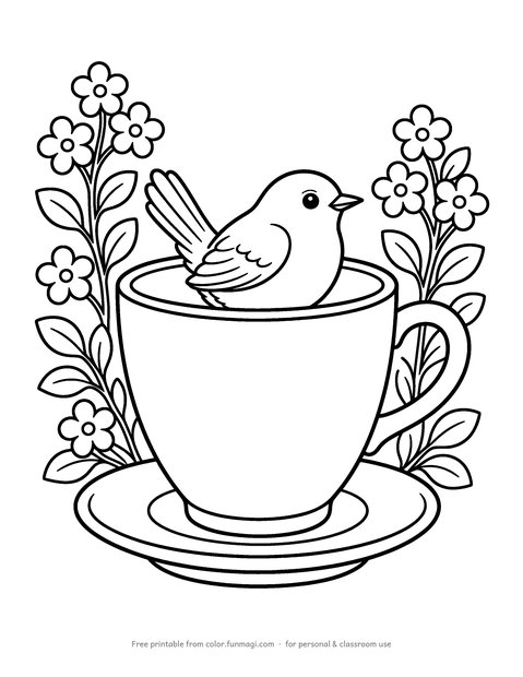 Large print coloring page: a little wren sitting in a teacup with forget-me-not flowers, drawn with thick bold outlines