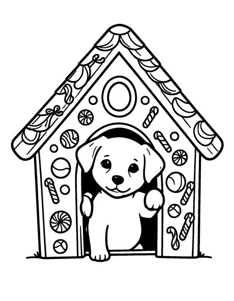 Dog Gingerbread House coloring page – A puppy peeking out of the door of a candy-covered gingerbread house.