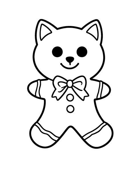 Gingerbread Cat Cookie coloring page – A gingerbread cat cookie with a bow tie and icing buttons.