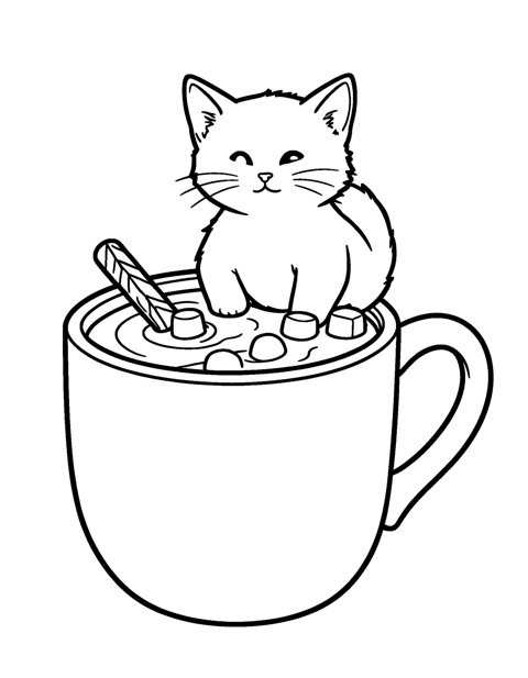 Kitten Hot Cocoa coloring page – A kitten sitting in a giant mug of hot cocoa with marshmallows and a candy cane.