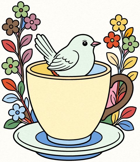Little Bird in a Teacup coloring page colored in example