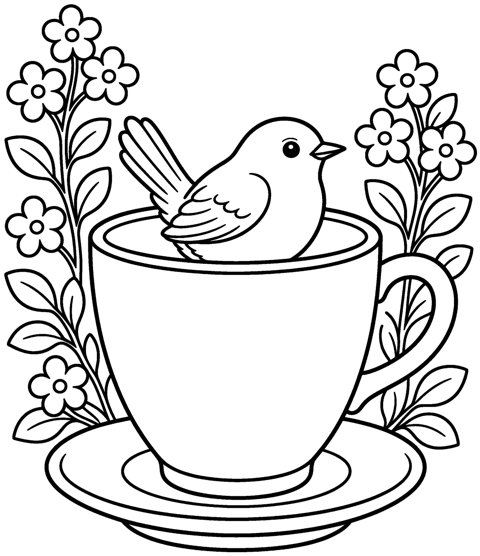 Large print coloring page for seniors: little bird in a teacup with thick lines