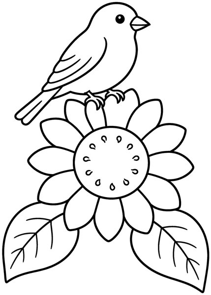 Large print coloring page for seniors: bird on a sunflower with thick lines