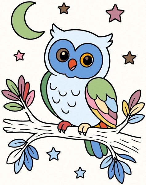 Owl on a Moonlit Branch coloring page colored in example